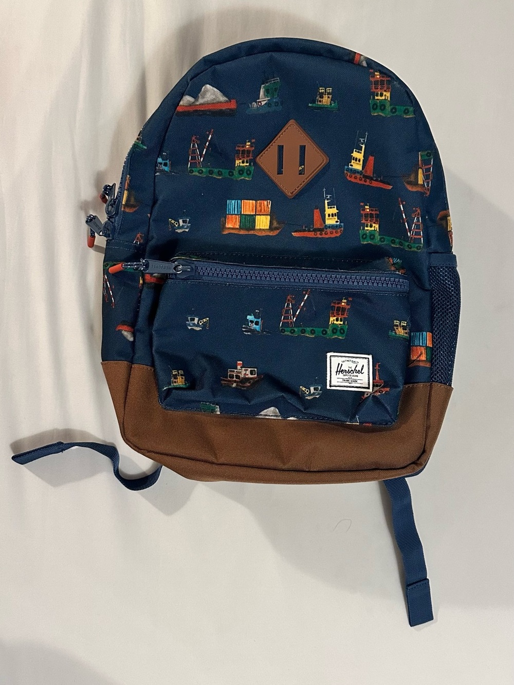 Herschel Supply Co Heritage Navy Backpack with Brown Base and Tugboat Print 15l